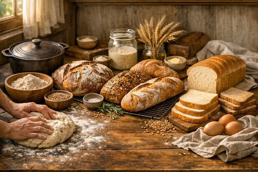 Handmade artisan sourdough bread sliced on a rustic kitchen counter beside simple sandwich bread for comparison.