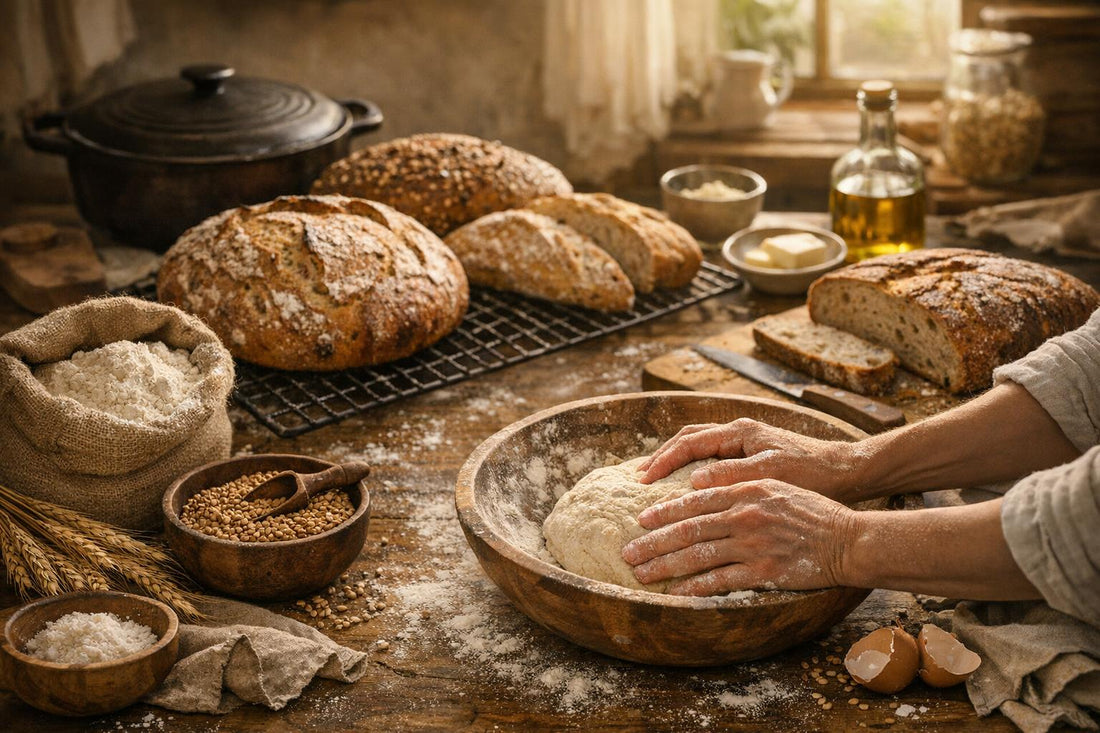 Fresh baked artisan bread cooling on a rack in a warm rustic home kitchen.