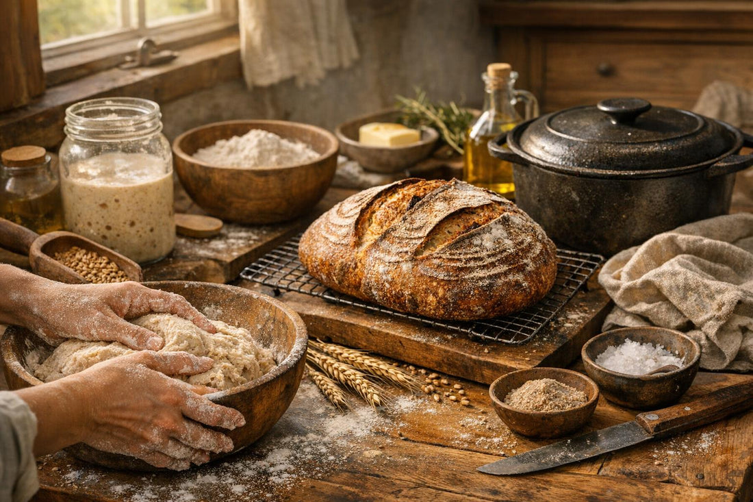 Sliced artisan sourdough bread with a golden crust and open crumb on a wooden board in warm natural light.