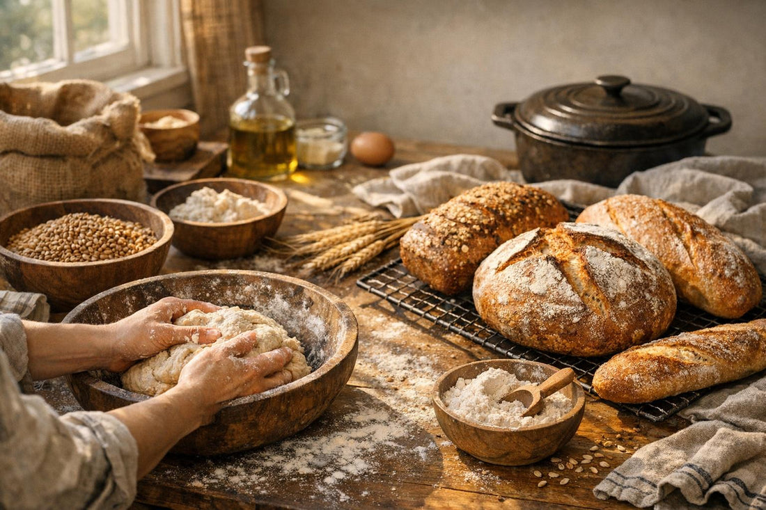 Fresh baked artisan bread loaves cooling on a wooden board in a warm home kitchen.