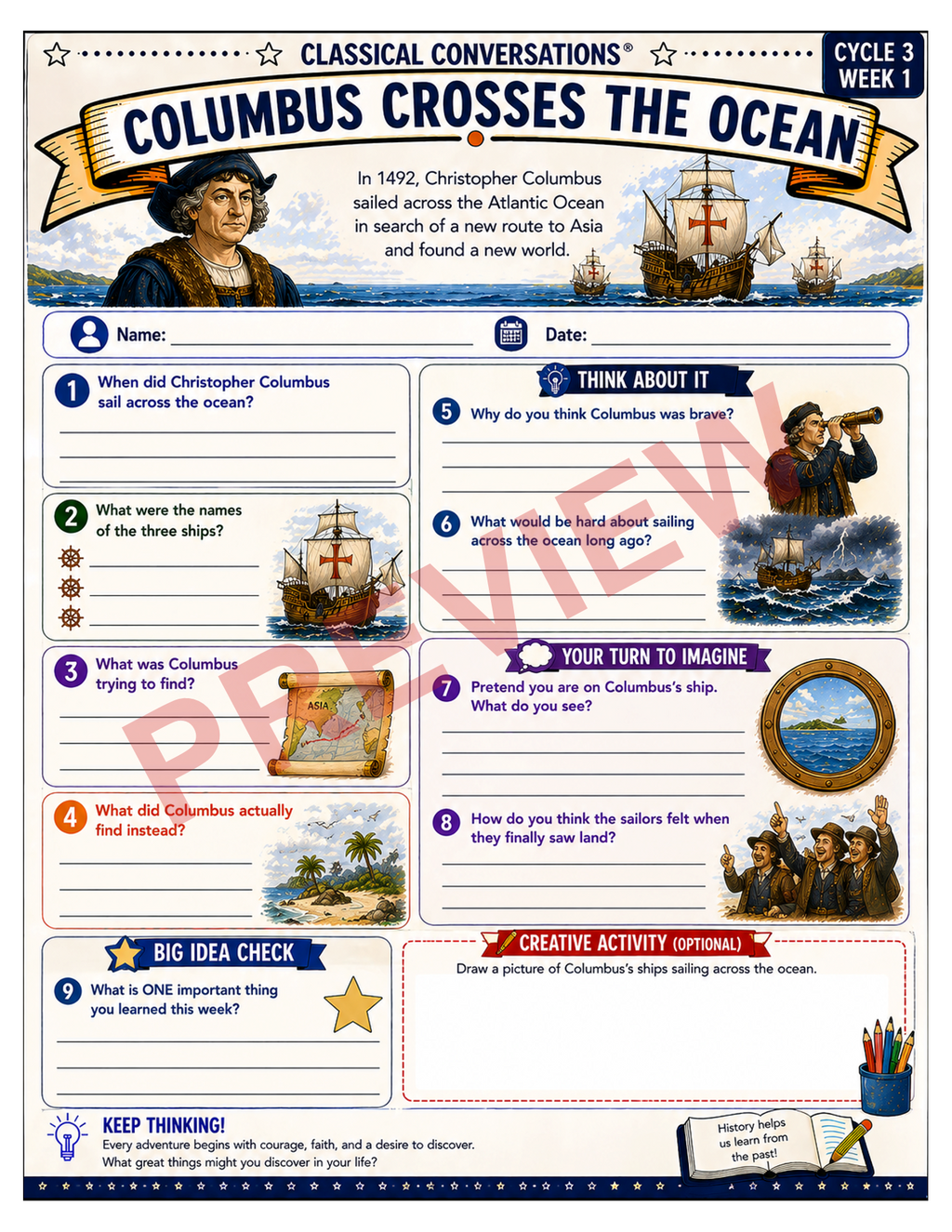Classical Conversations Cycle 3 American History Supplemental Packet | Weeks 1–24 Fact Sheets, Worksheets & Answer Key