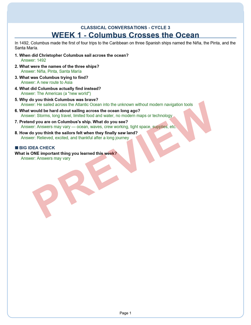 Classical Conversations Cycle 3 American History Supplemental Packet | Weeks 1–24 Fact Sheets, Worksheets & Answer Key