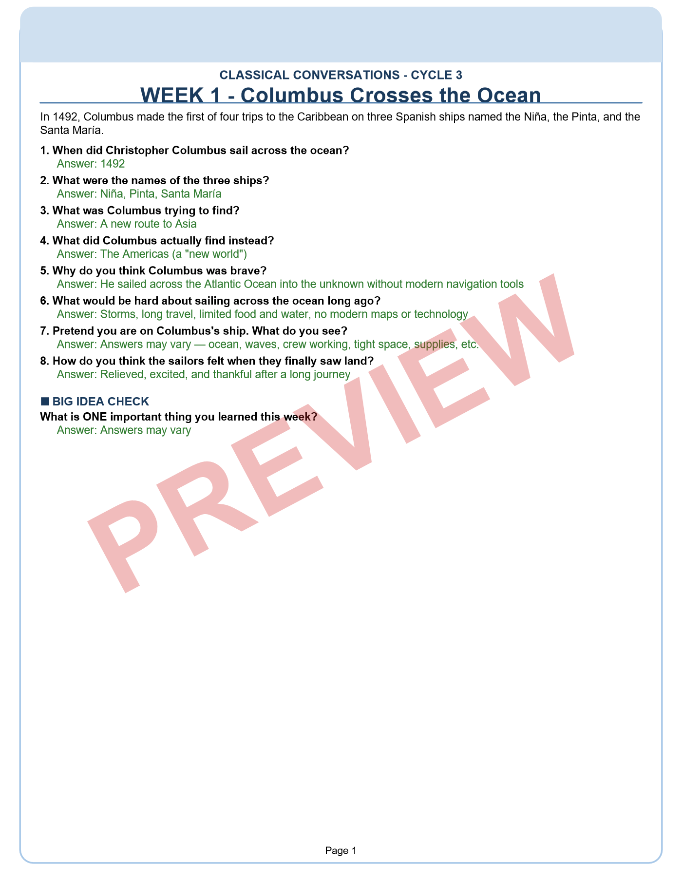 Classical Conversations Cycle 3 American History Supplemental Packet | Weeks 1–24 Fact Sheets, Worksheets & Answer Key